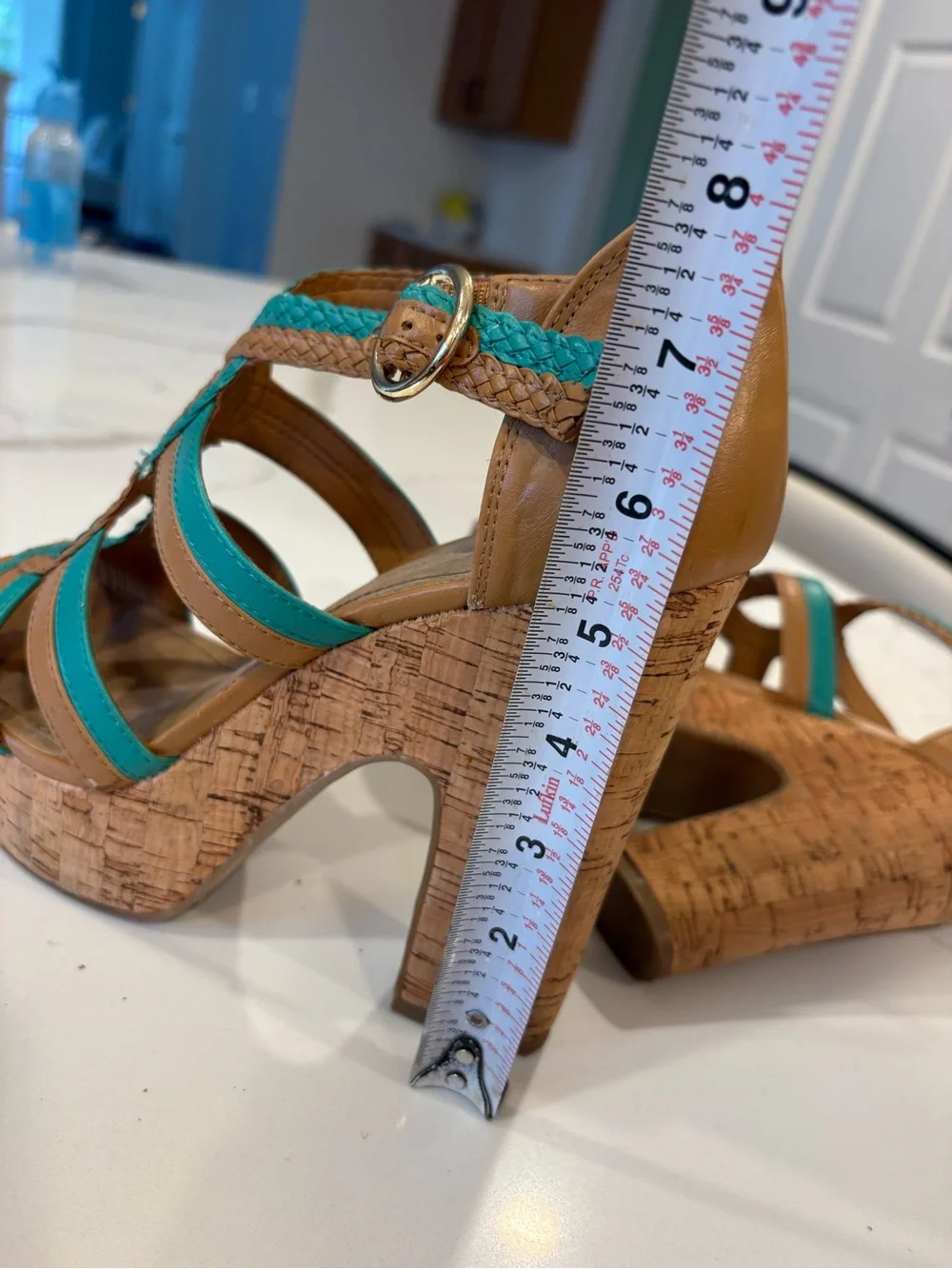 Y2K BCBGeneration Cork Chunky Strappy Platform Heels Turquoise Blue Tan Sandals